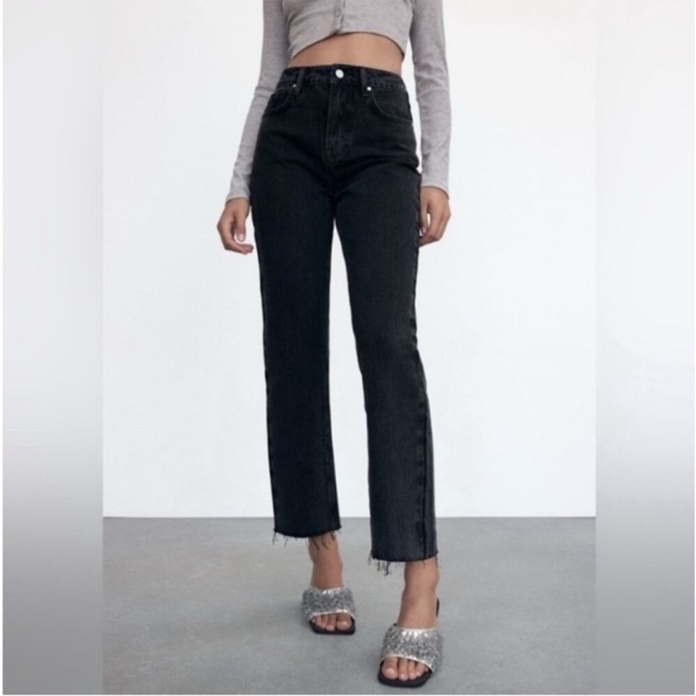 Zara High Waist Raw Hem Straight Leg Jeans Black Wash button fly